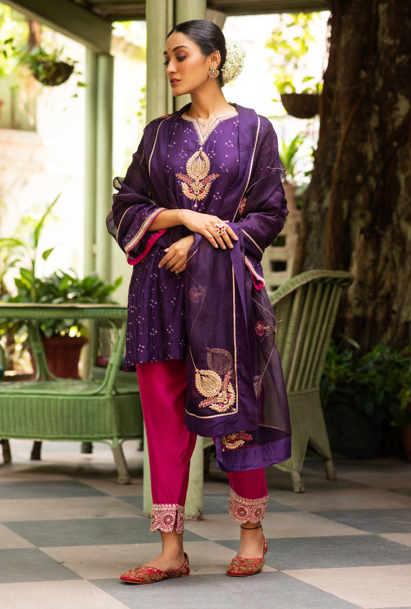 Hasti Purple Bandhej Short Kurta Set