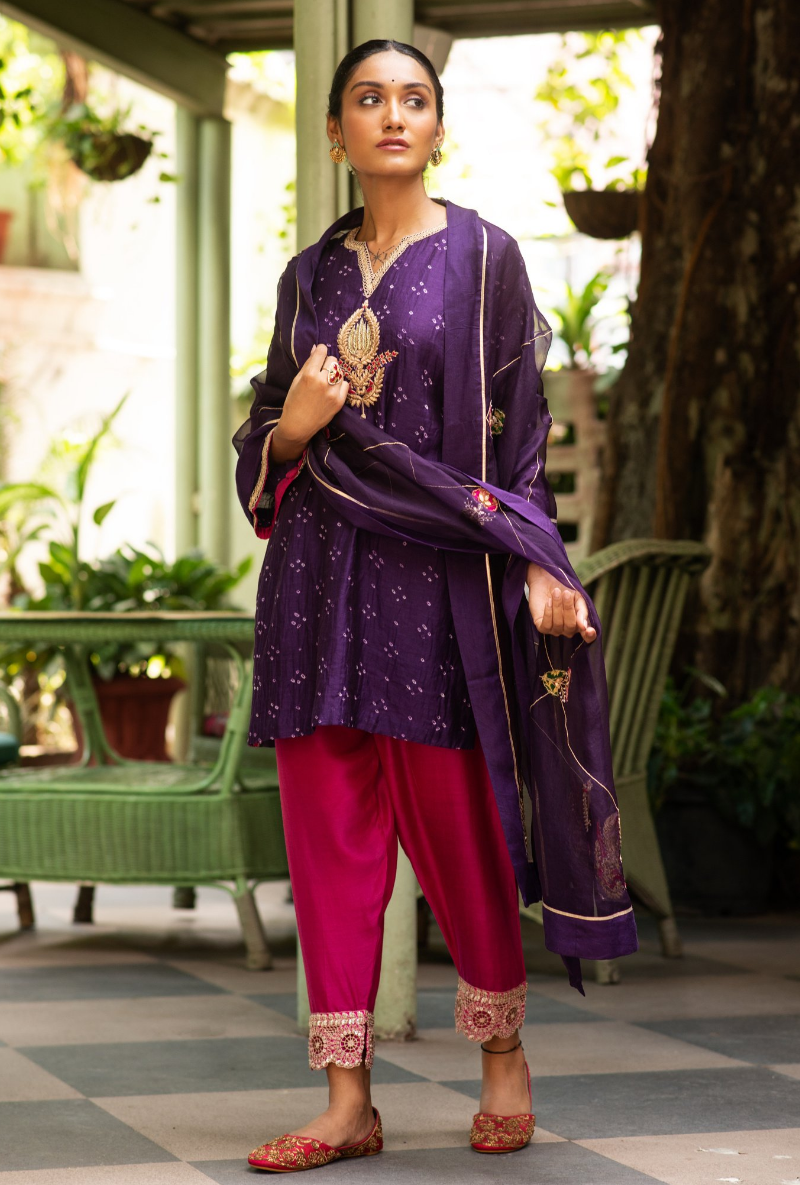 Hasti Purple Bandhej Short Kurta Set
