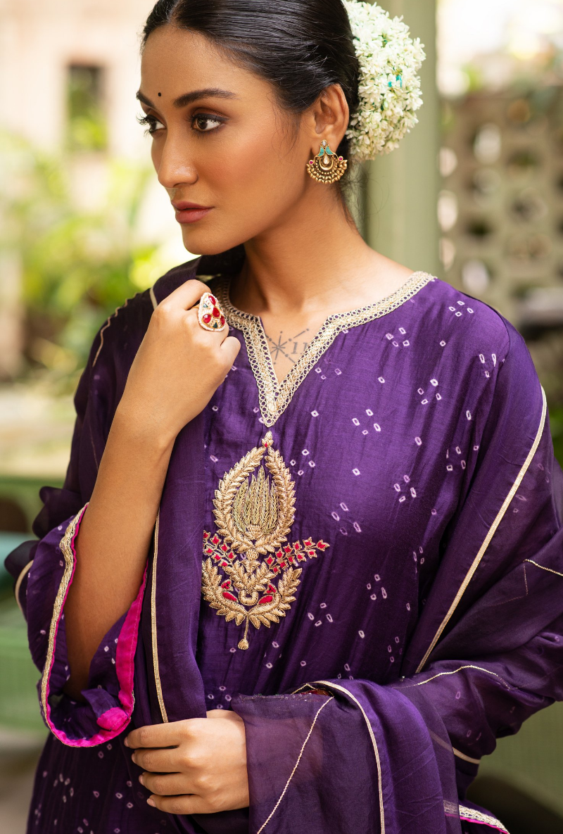 Hasti Purple Bandhej Short Kurta Set