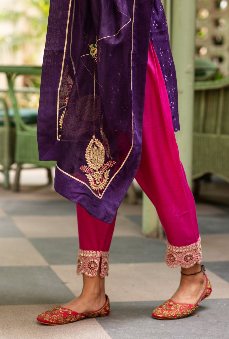 Hasti Purple Bandhej Short Kurta Set