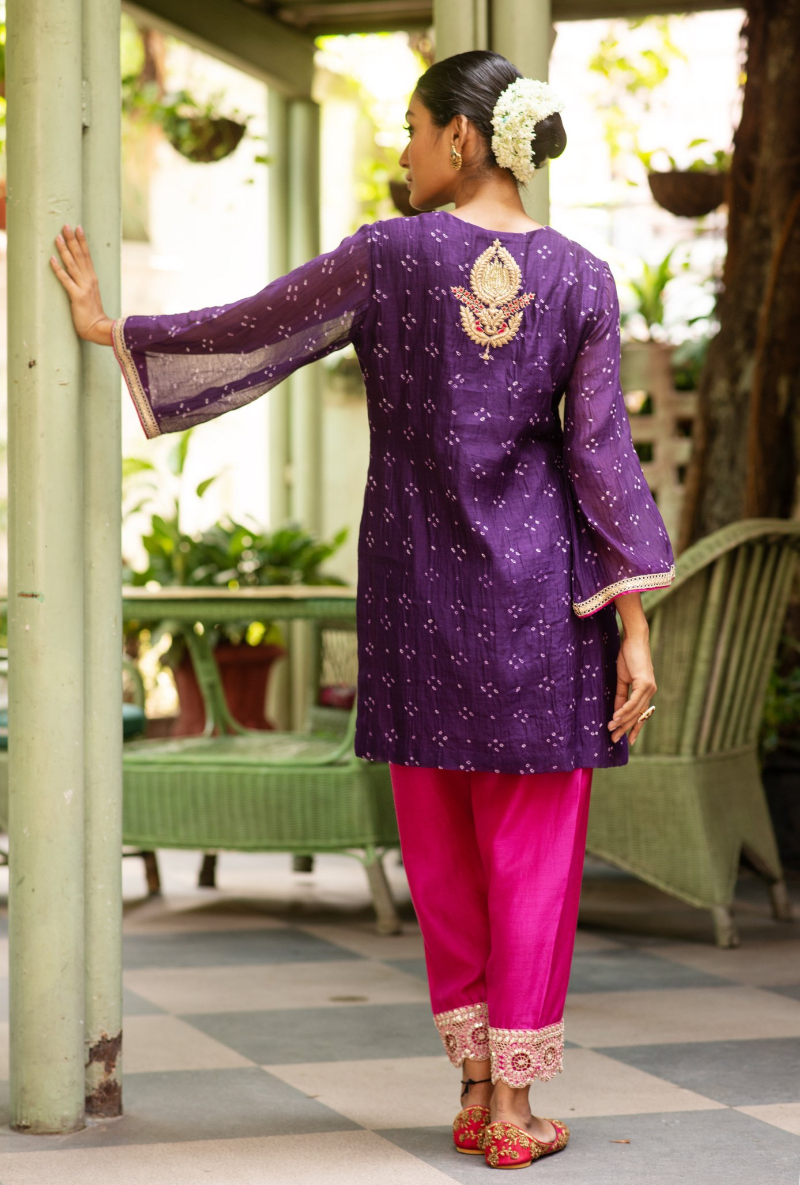 Hasti Purple Bandhej Short Kurta Set