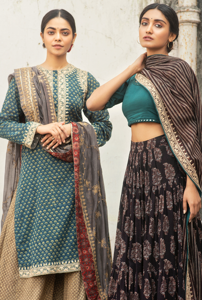 Sakhi Handpainted Teal Lehenga Set
