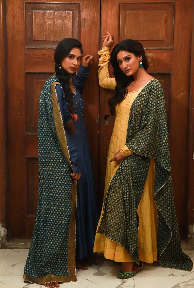 Yellow & Green Kalidar Kurta Set