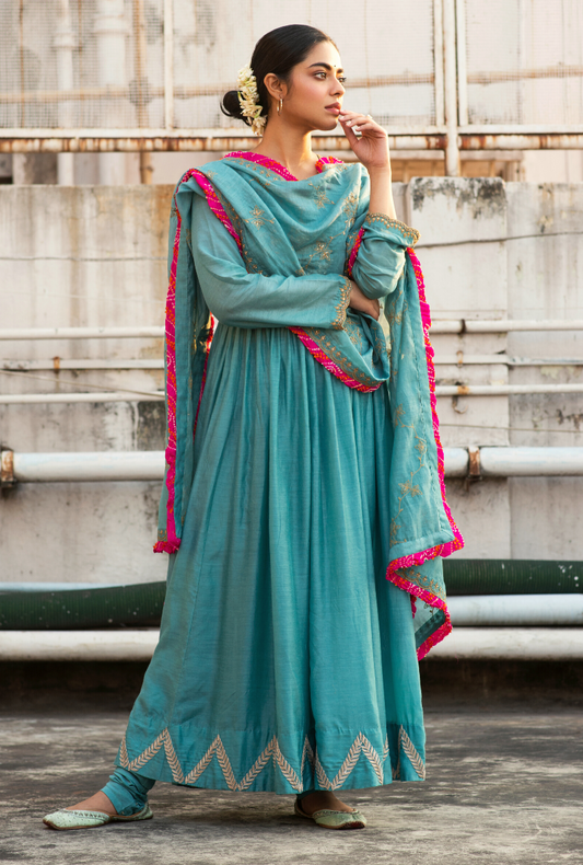 Sakhi Turquoise Anarkali With Pink Highlights