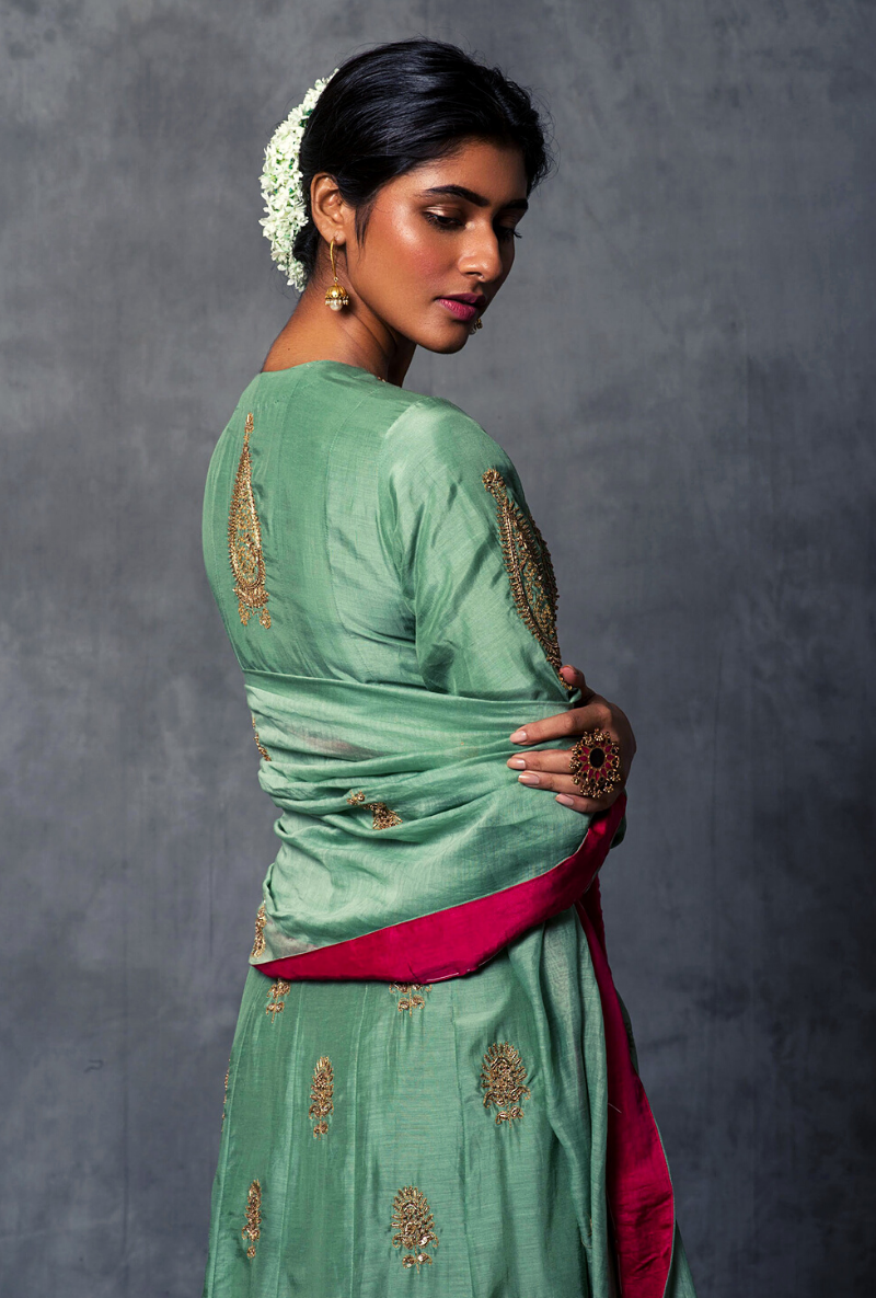 Dull Green Kali Cut Kurta Set
