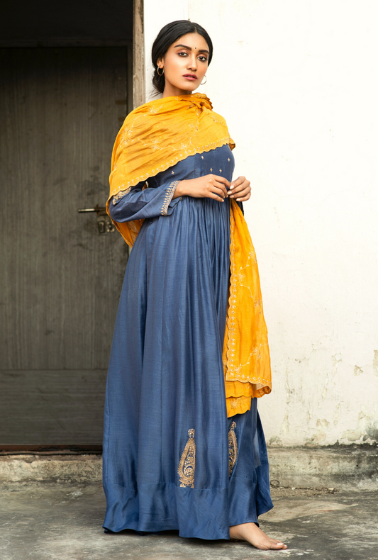 Sakhi Ink Blue and Mustard Anarkali Set