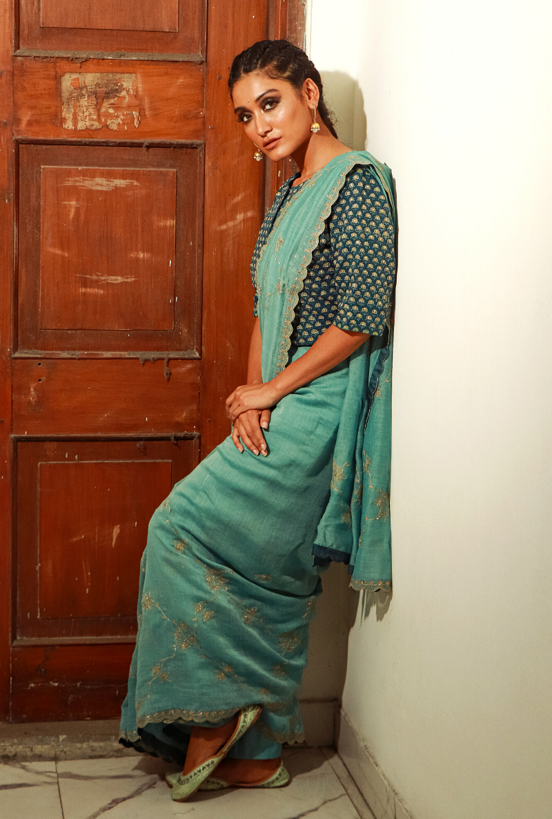 Powder Blue Chanderi Saree Set