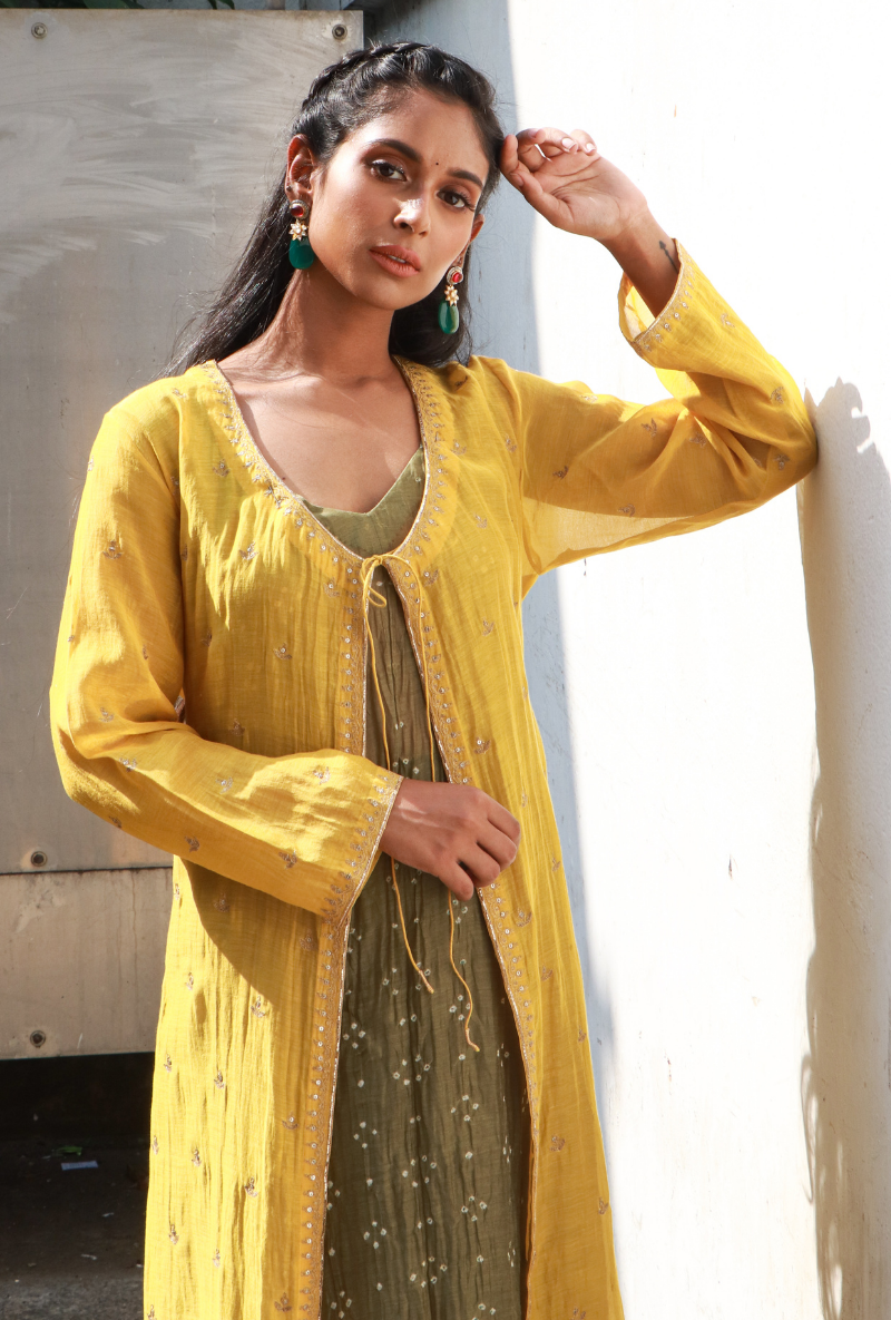 Yellow & Powder Green Chanderi Jacket Set
