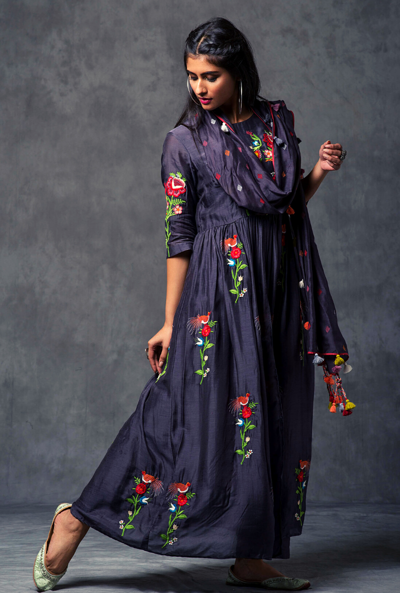 Deep Grey Gather Kurta Set