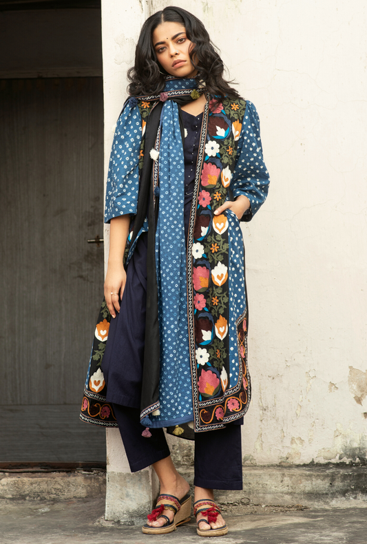 Sakhi Blue Bandhej Jacket & Kurta Set