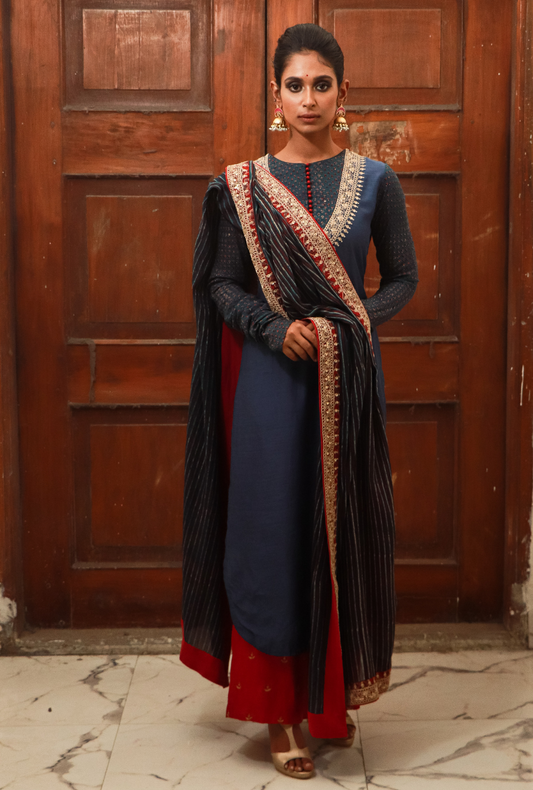 Blue & Red Silk Kurta Set