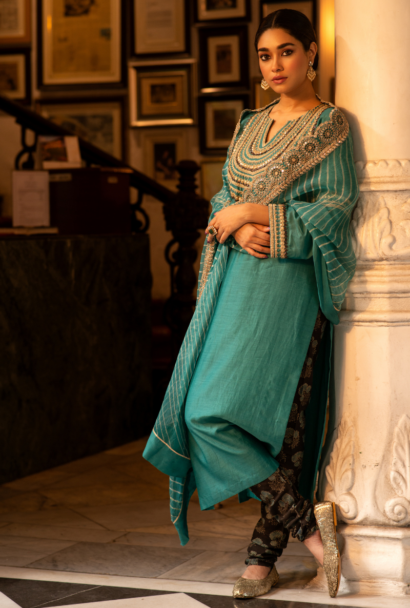 Hasti Turquoise Cutwork Kurta Set