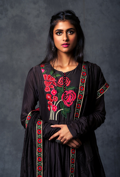 Red & Black Floral Churidar Set
