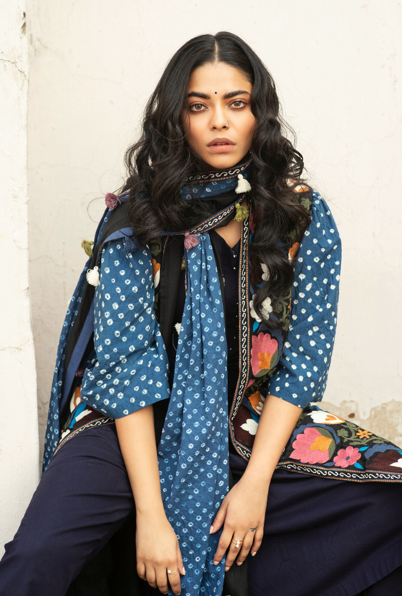 Sakhi Blue Bandhej Jacket & Kurta Set