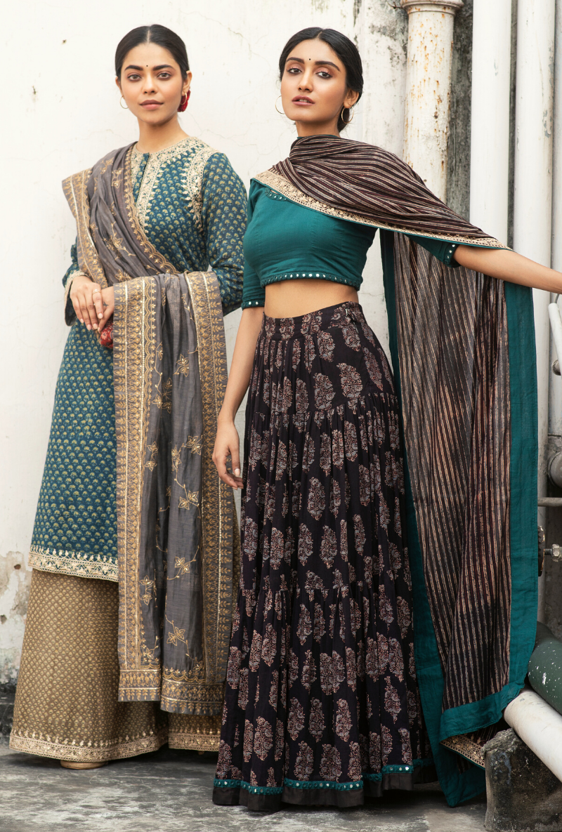 Sakhi Handpainted Teal Lehenga Set