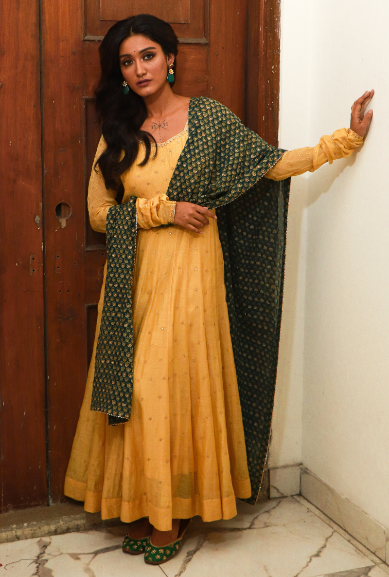 Yellow & Green Kalidar Kurta Set