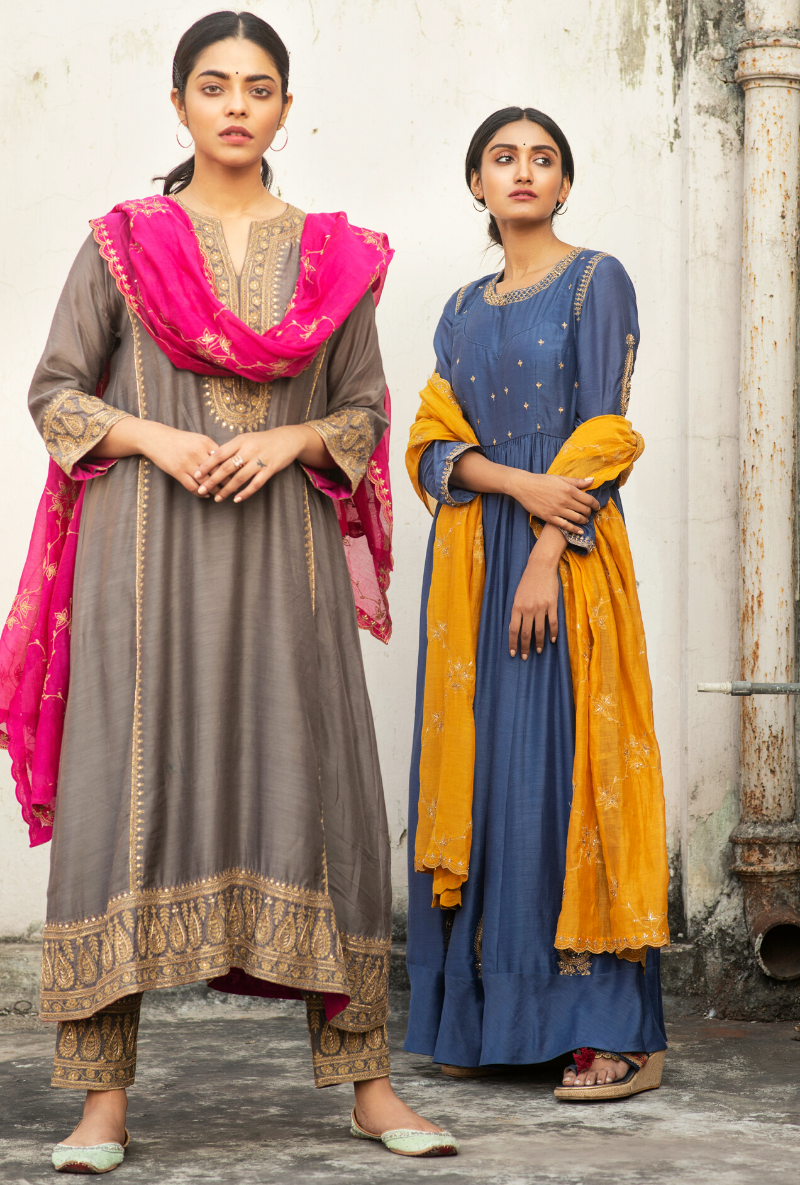 Sakhi Ink Blue and Mustard Anarkali Set