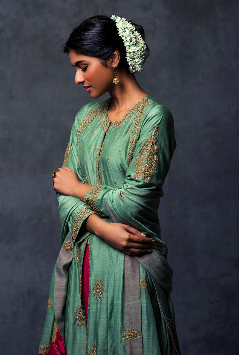 Dull Green Kali Cut Kurta Set