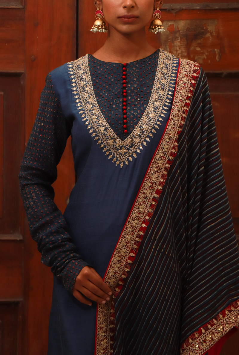Blue & Red Silk Kurta Set