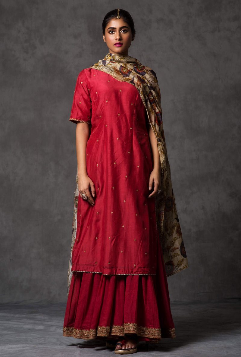 Red Kurta With Ivory Dupatta