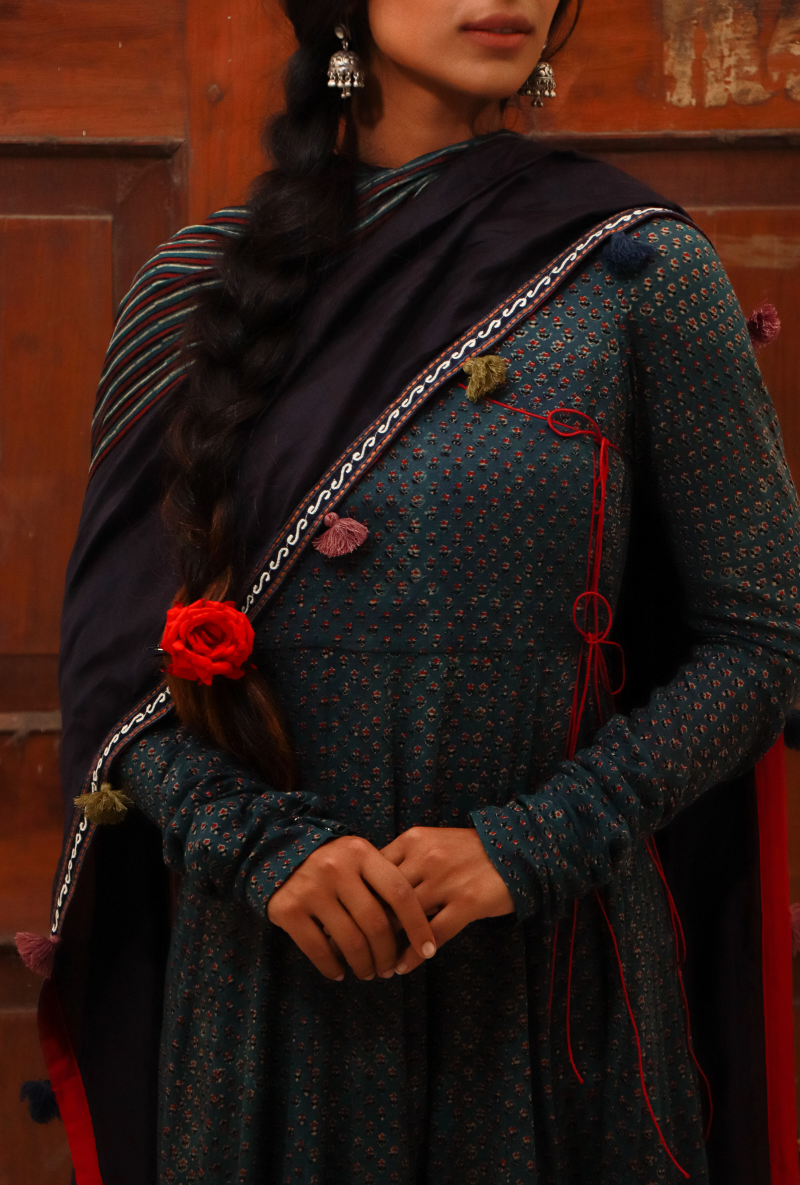 Blue Ajrakh Kalidar Angarakha Set