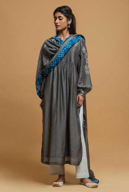 Steel Grey Kurta Set With Bandhej Highlights