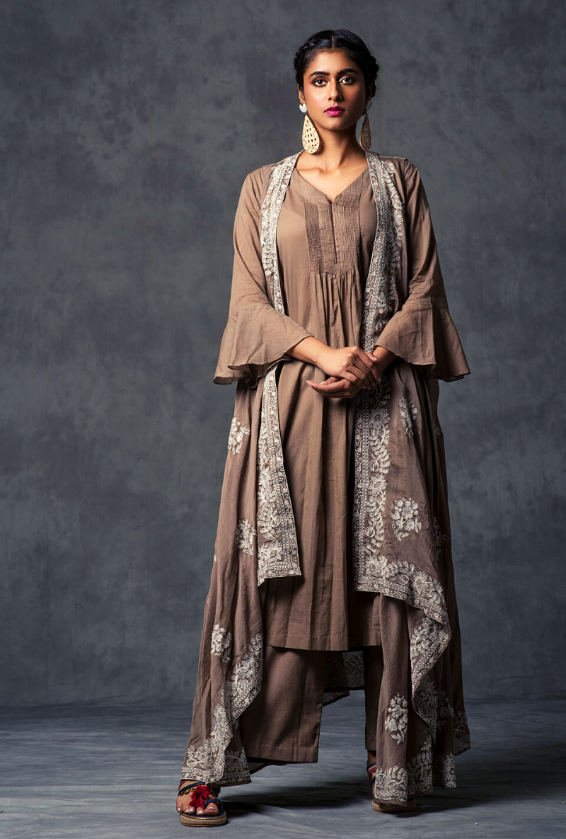 Pintucked Taupe Jacket Set