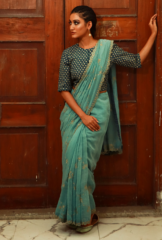 Powder Blue Chanderi Saree Set