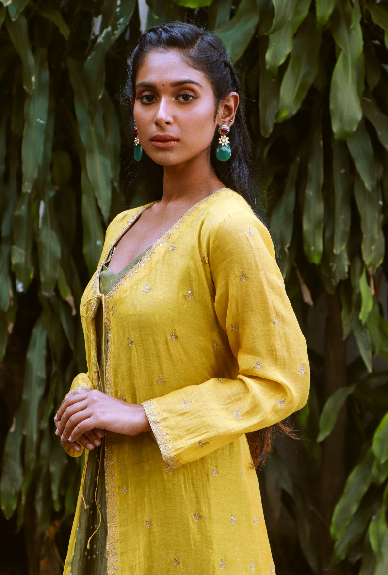 Yellow & Powder Green Chanderi Jacket Set
