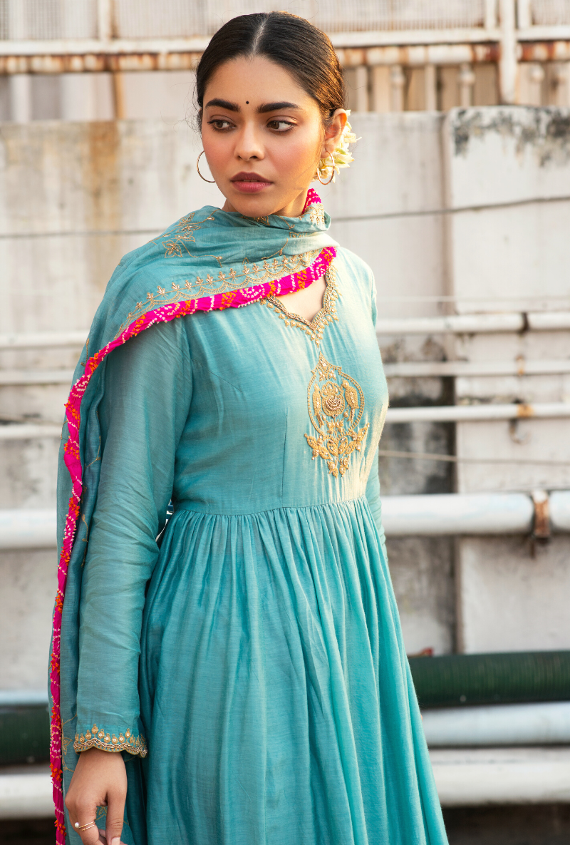 Sakhi Turquoise Anarkali With Pink Highlights