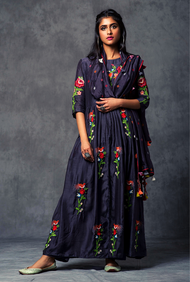 Deep Grey Gather Kurta Set