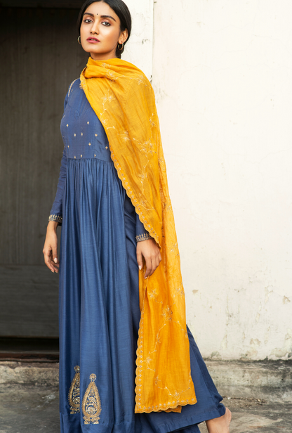 Sakhi Ink Blue and Mustard Anarkali Set