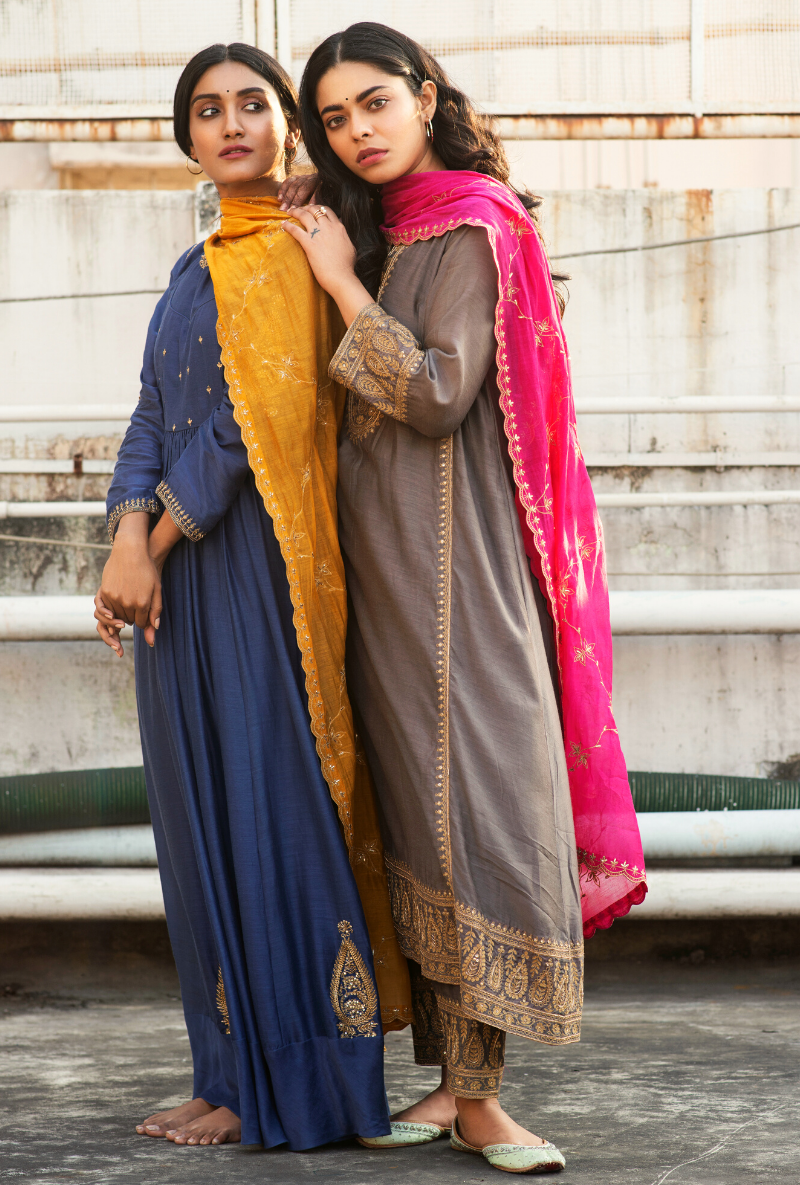 Sakhi Ink Blue and Mustard Anarkali Set