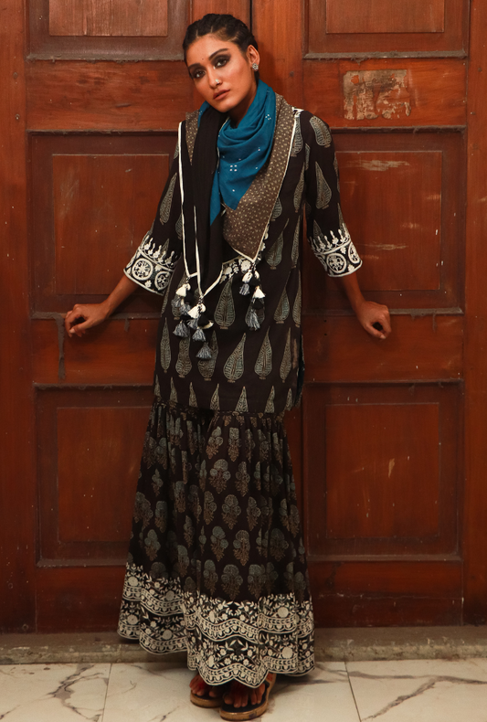 Black Ajrakh Sharara Set