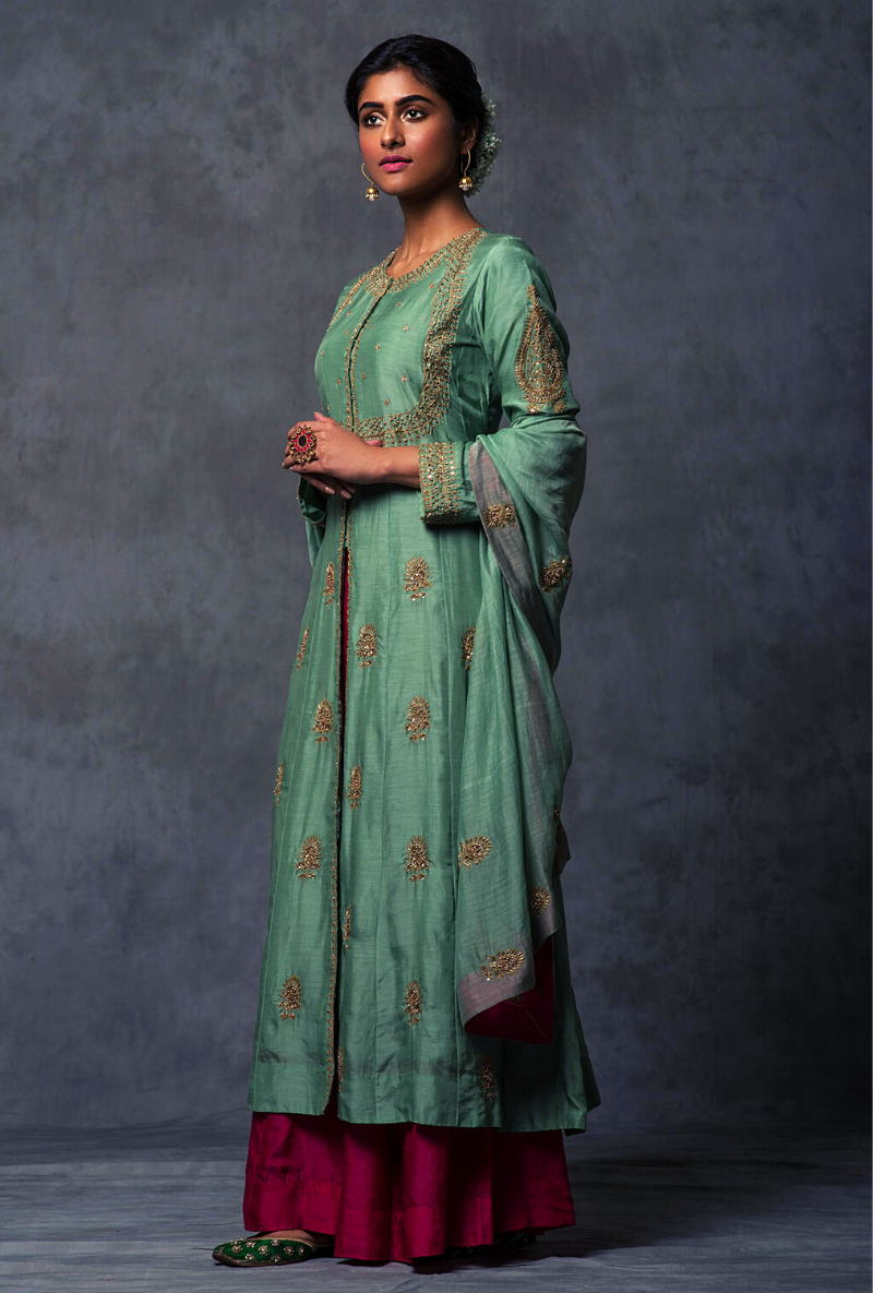 Dull Green Kali Cut Kurta Set