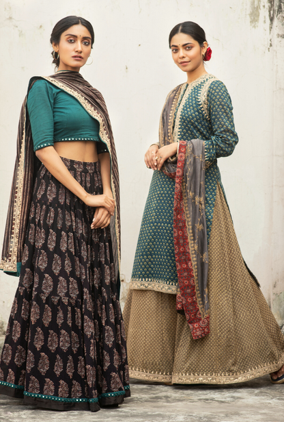 Sakhi Handpainted Teal Lehenga Set