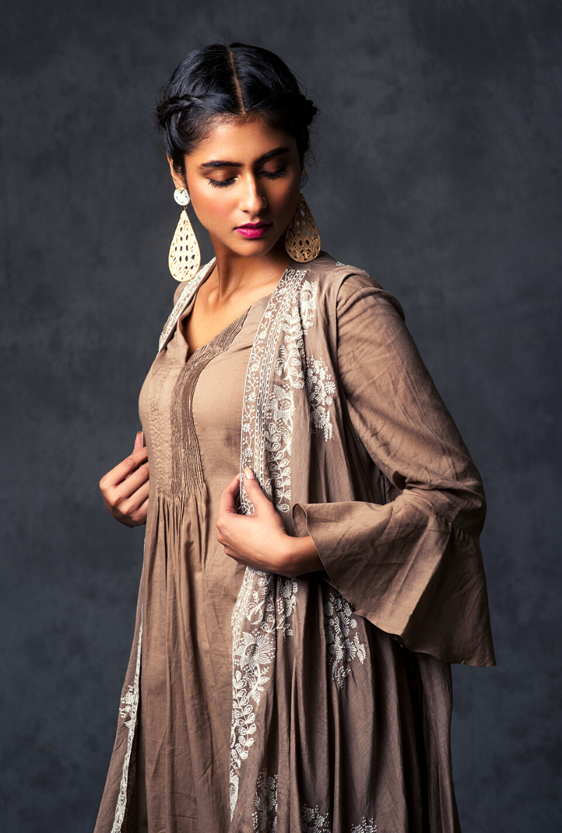 Pintucked Taupe Jacket Set