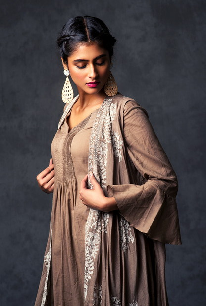 Pintucked Taupe Jacket Set