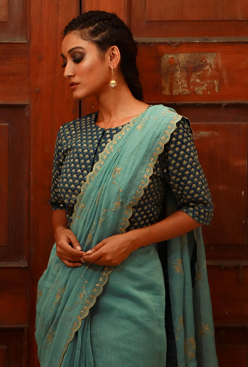 Powder Blue Chanderi Saree Set