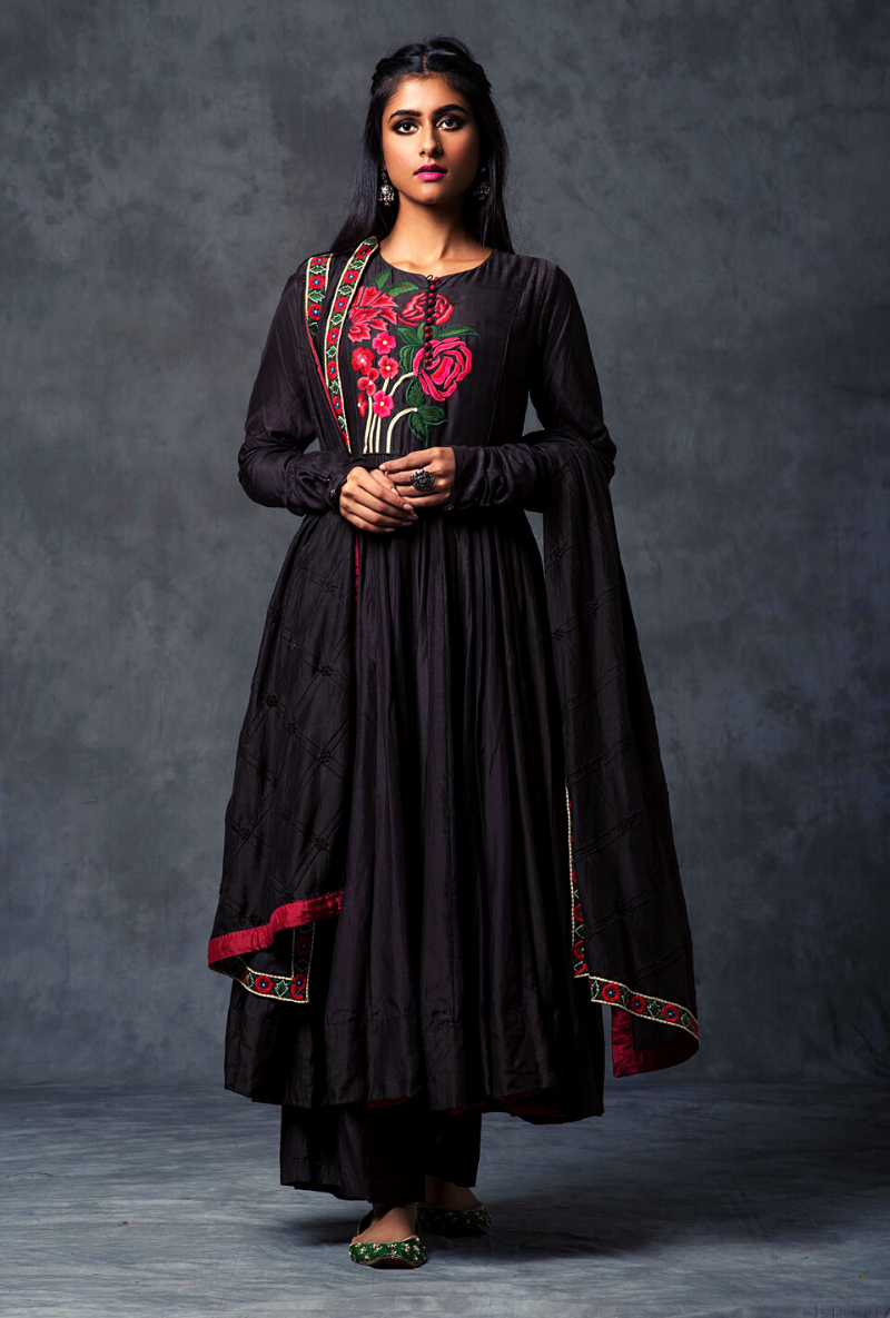 Red & Black Floral Churidar Set