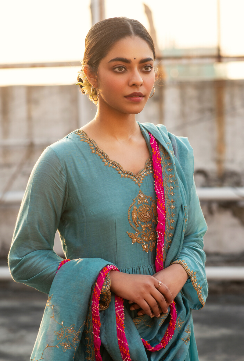 Sakhi Turquoise Anarkali With Pink Highlights