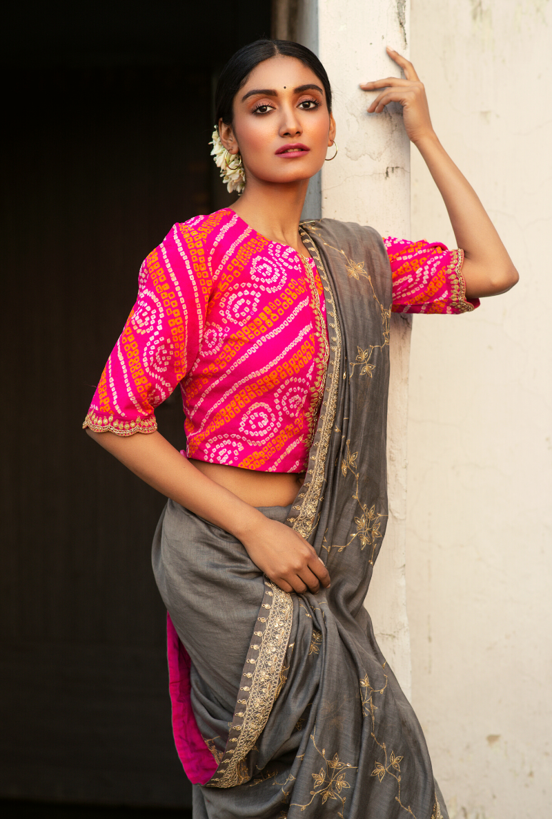 Sakhi Pink & Grey Chanderi Saree Set