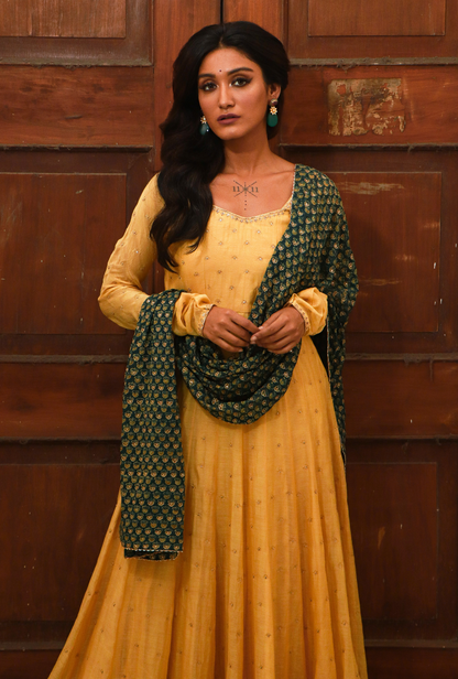 Yellow & Green Kalidar Kurta Set