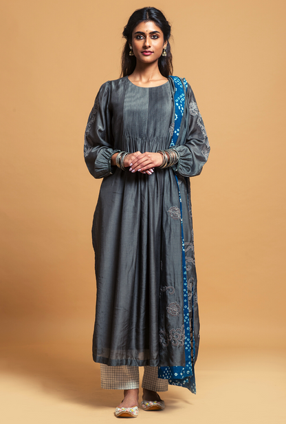 Steel Grey Kurta Set With Bandhej Highlights
