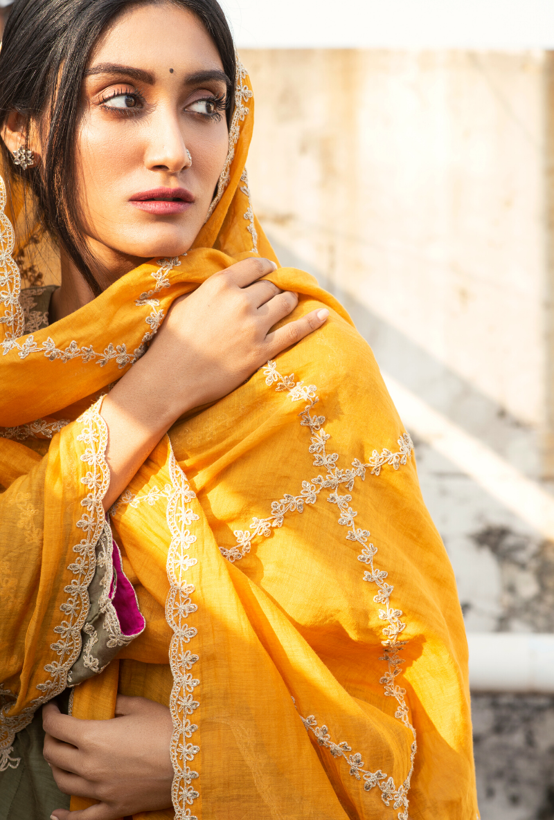 Sakhi Powder Green & Mustard Kurta Set