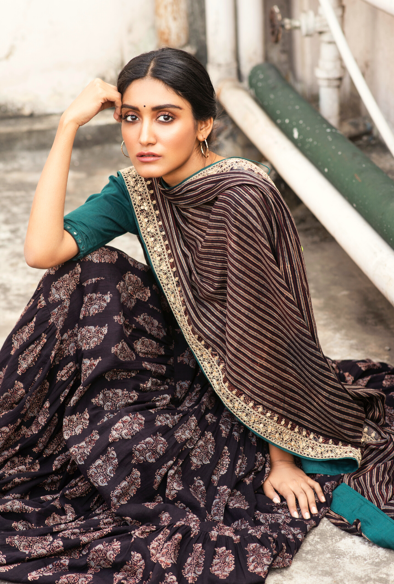Sakhi Handpainted Teal Lehenga Set