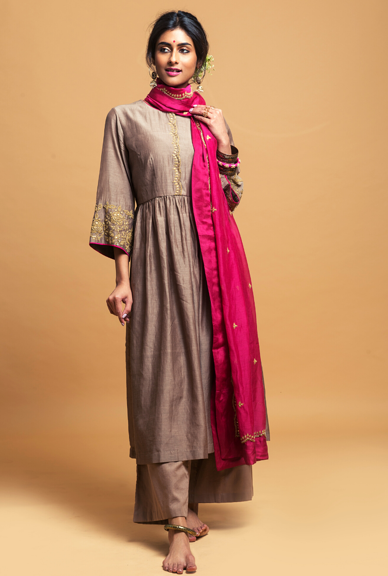 Taupe Gathered Kurta Set