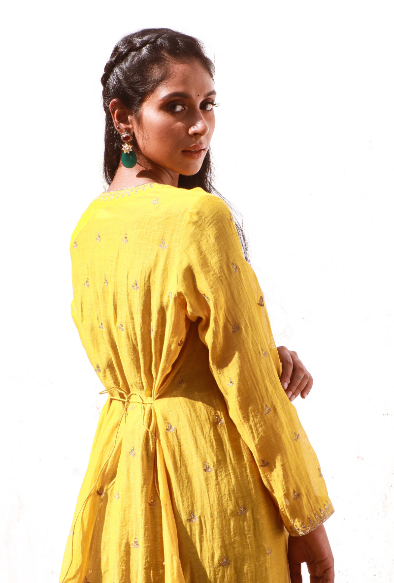 Yellow & Powder Green Chanderi Jacket Set