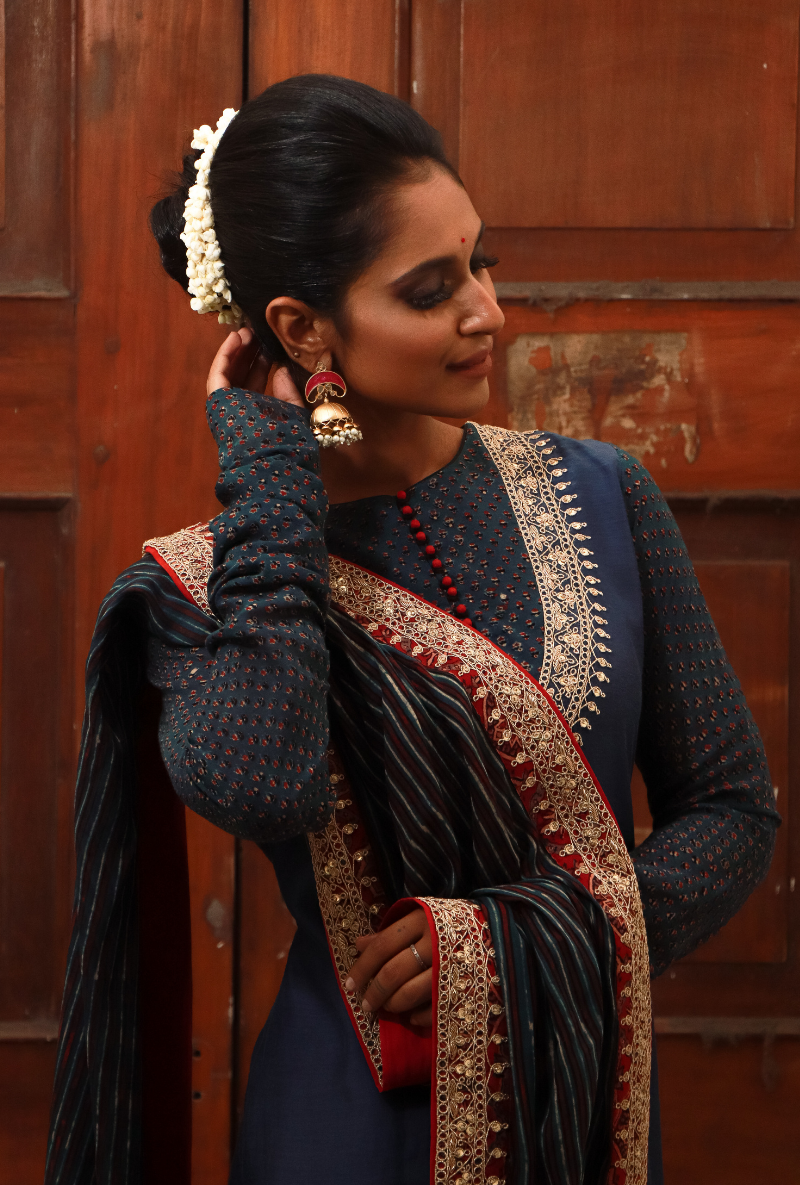 Blue & Red Silk Kurta Set