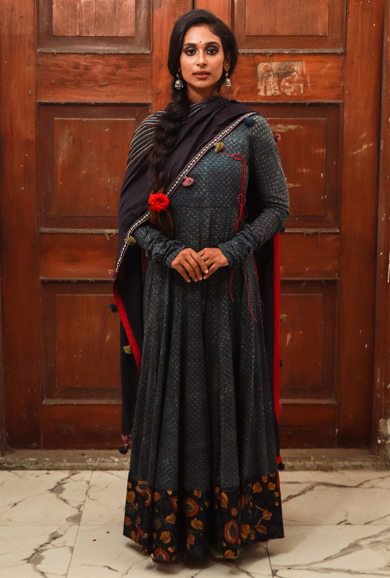 Blue Ajrakh Kalidar Angarakha Set